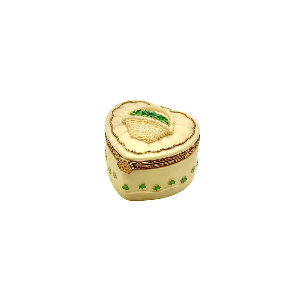 Vintage Ivory Heart-Shaped Shamrock Trinket Box