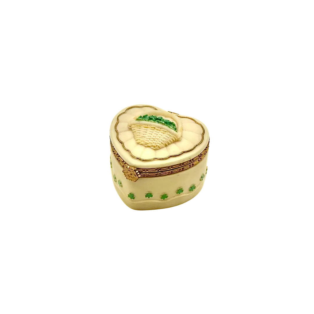 Vintage Ivory Heart-Shaped Shamrock Trinket Box