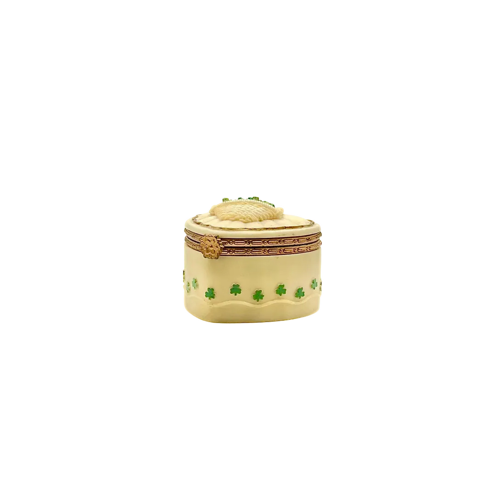 Vintage Ivory Heart-Shaped Shamrock Trinket Box