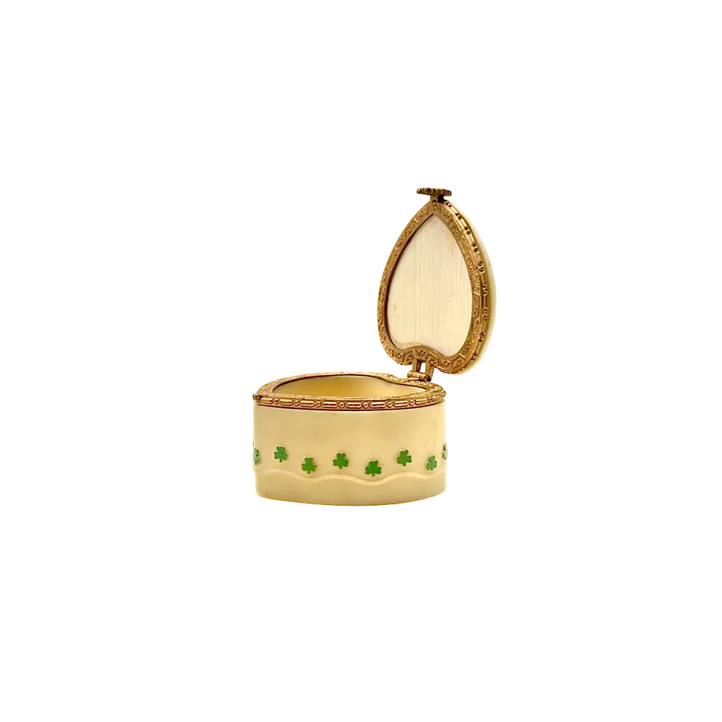 Vintage Ivory Heart-Shaped Shamrock Trinket Box