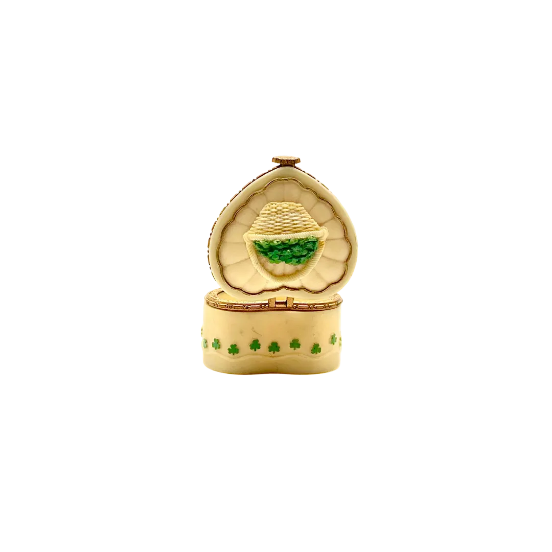 Vintage Ivory Heart-Shaped Shamrock Trinket Box