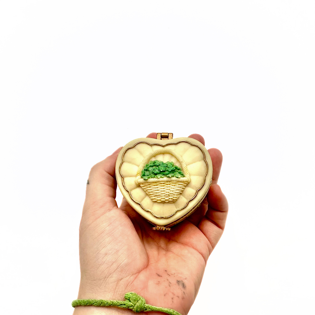 Vintage Ivory Heart-Shaped Shamrock Trinket Box