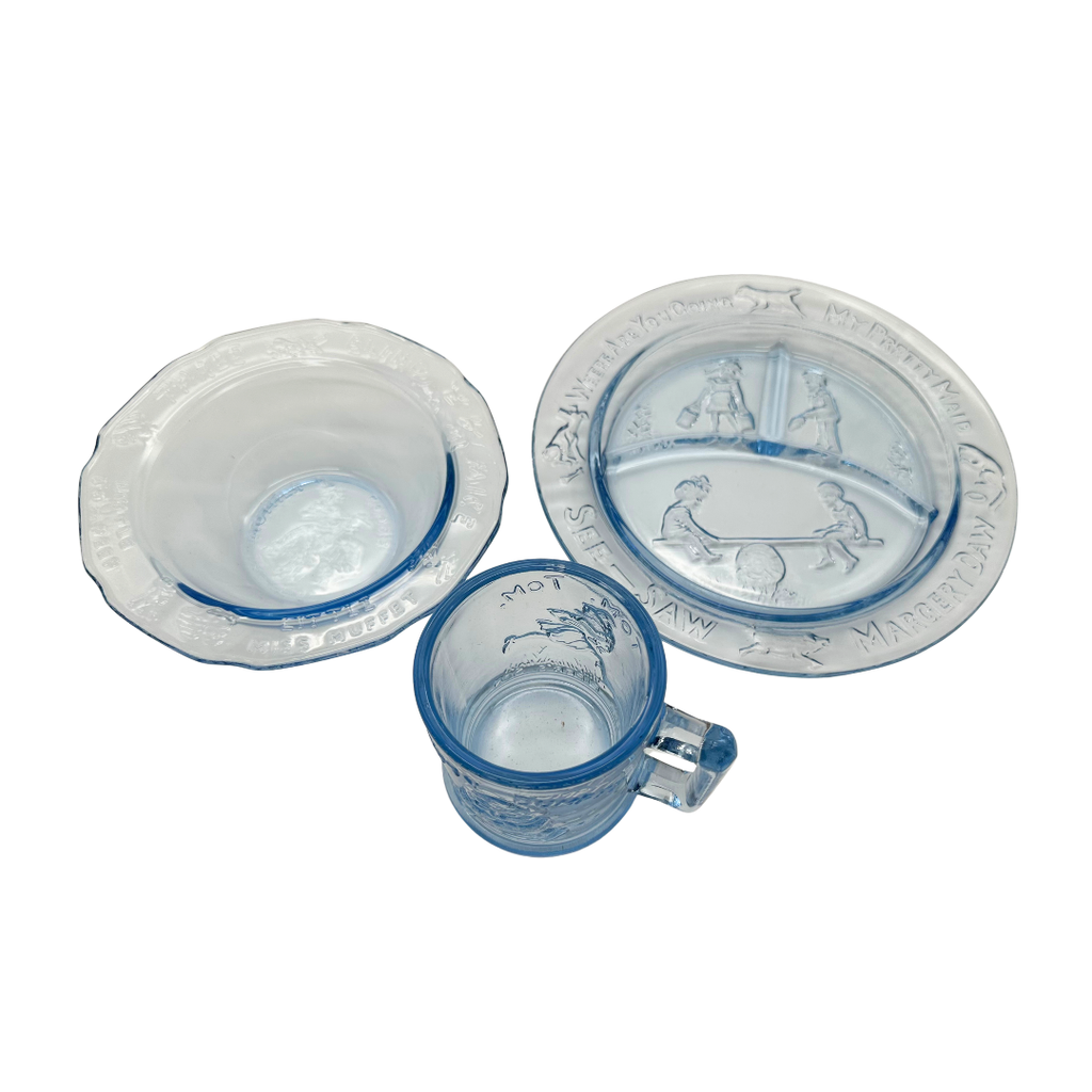 Indiana Glass Co Tiara Ice Blue Nursery Rhyme Children’s 3-Piece Set