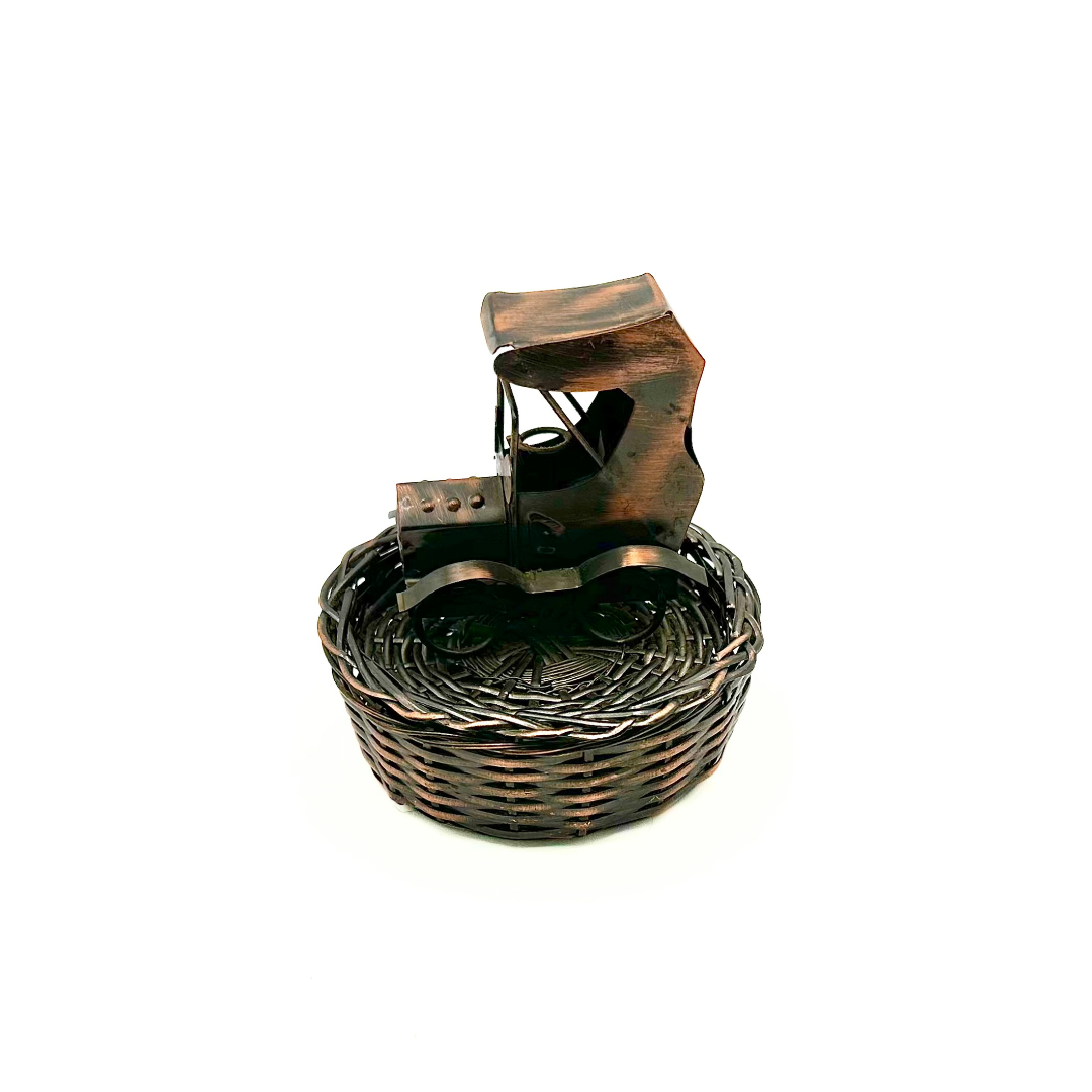 Copper Woven Wire Basket with Antique Car Figural
