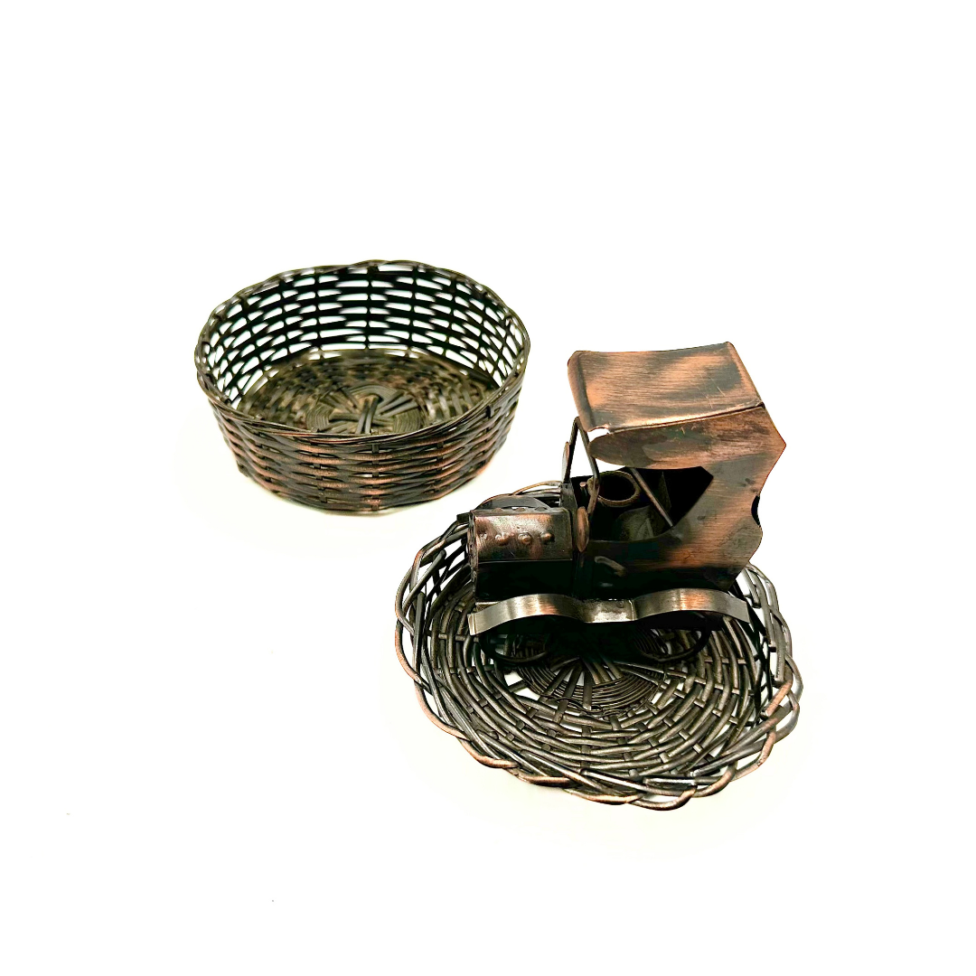 Copper Woven Wire Basket with Antique Car Figural