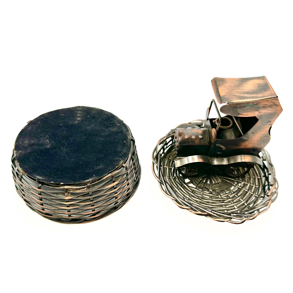 Copper Woven Wire Basket with Antique Car Figural