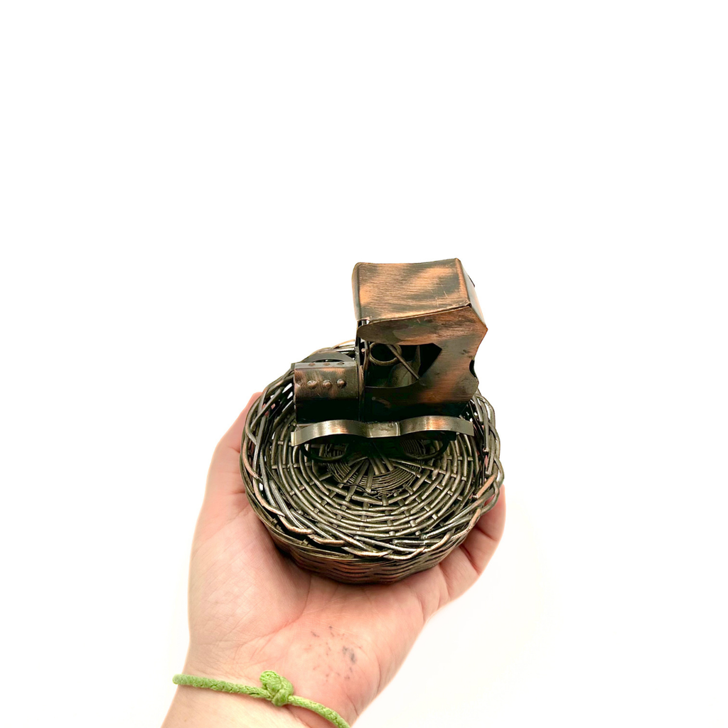 Copper Woven Wire Basket with Antique Car Figural