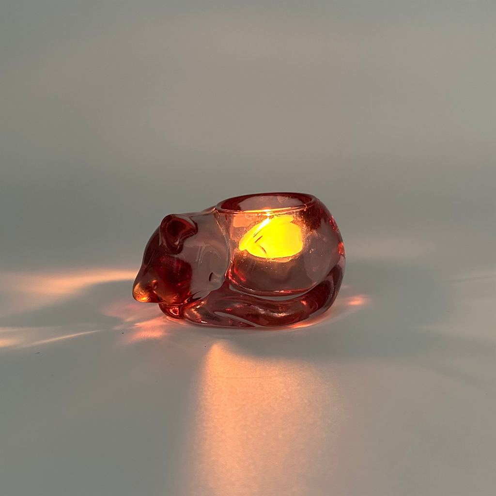 Indiana Glass "Candle Lane Critters" Cranberry Cat Votive Holder