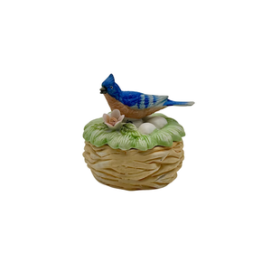 Vintage Hand-Painted Bisque Porcelain Blue Jay on Nest Trinket Box