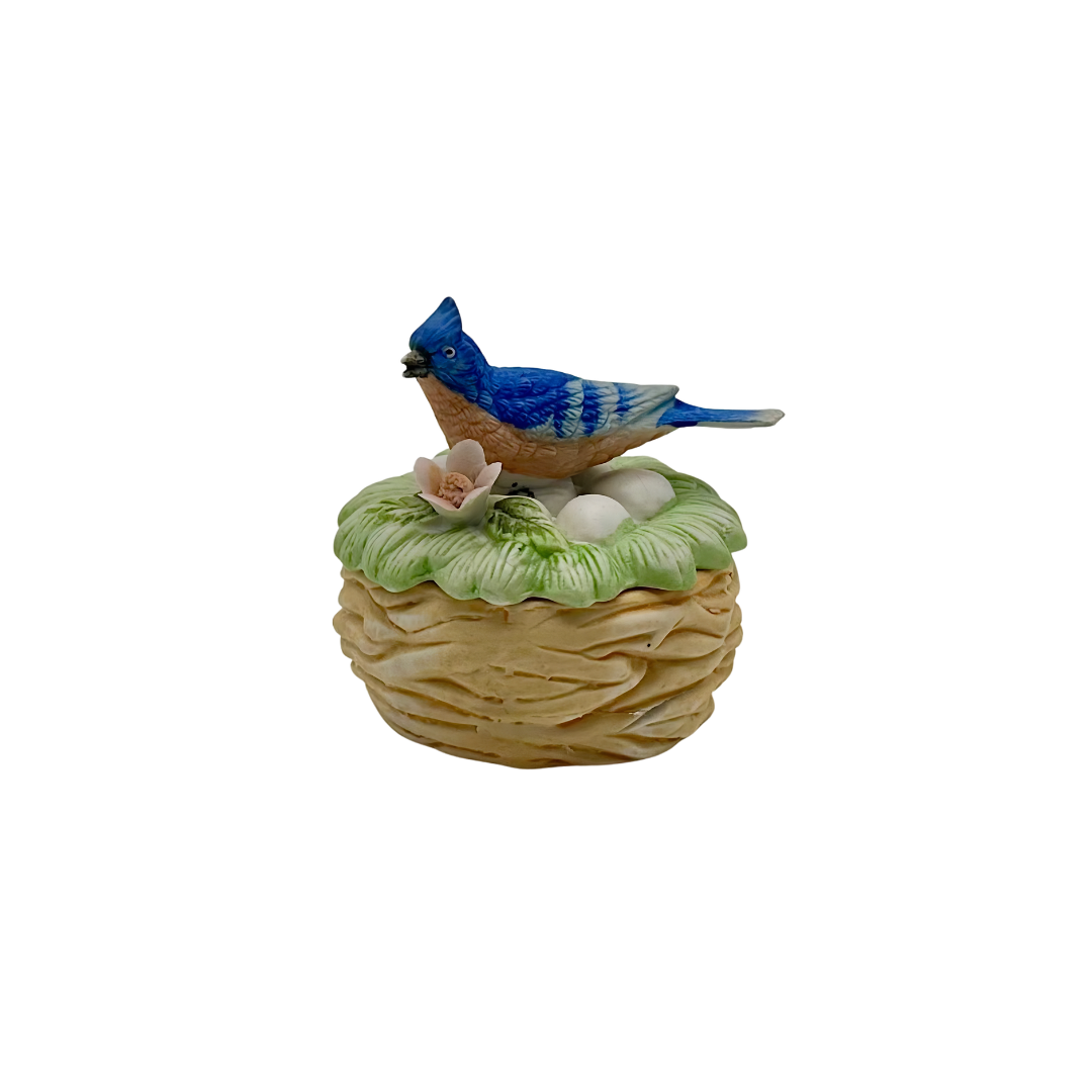 Vintage Hand-Painted Bisque Porcelain Blue Jay on Nest Trinket Box