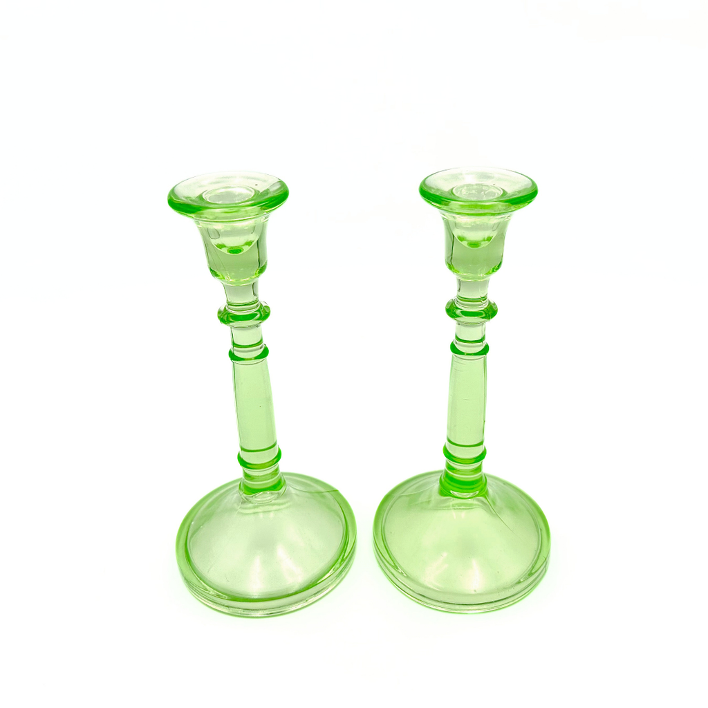 Art Deco Uranium Glass Candlestick Holders
