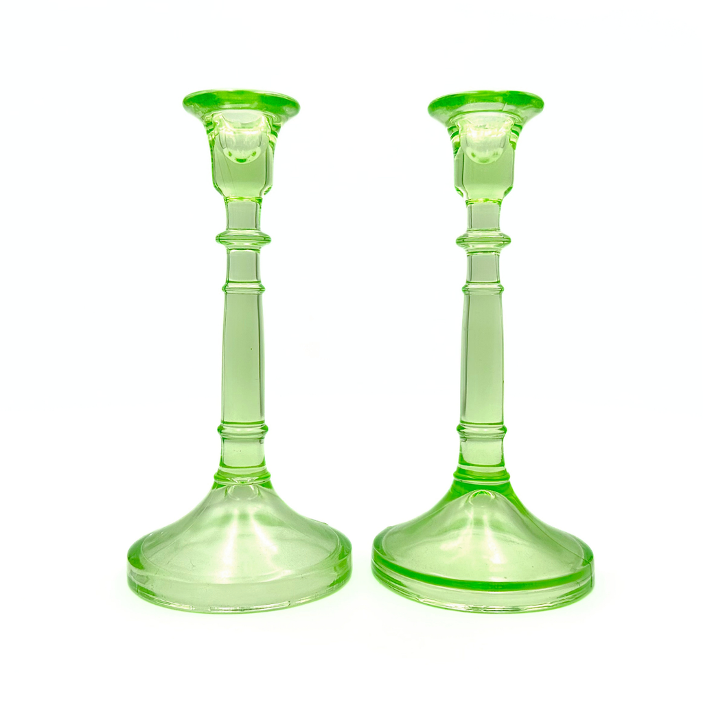 Art Deco Uranium Glass Candlestick Holders