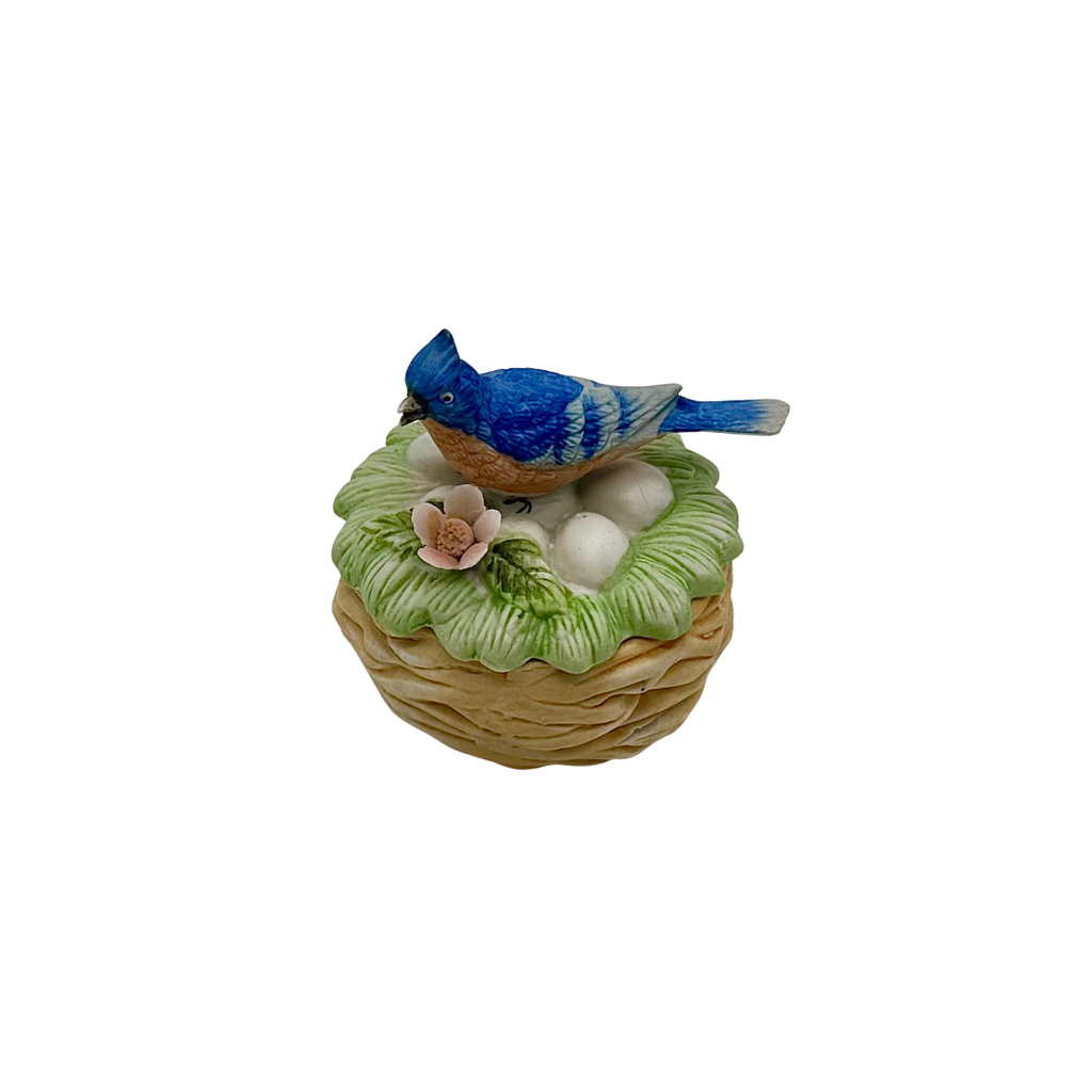 Vintage Hand-Painted Bisque Porcelain Blue Jay on Nest Trinket Box