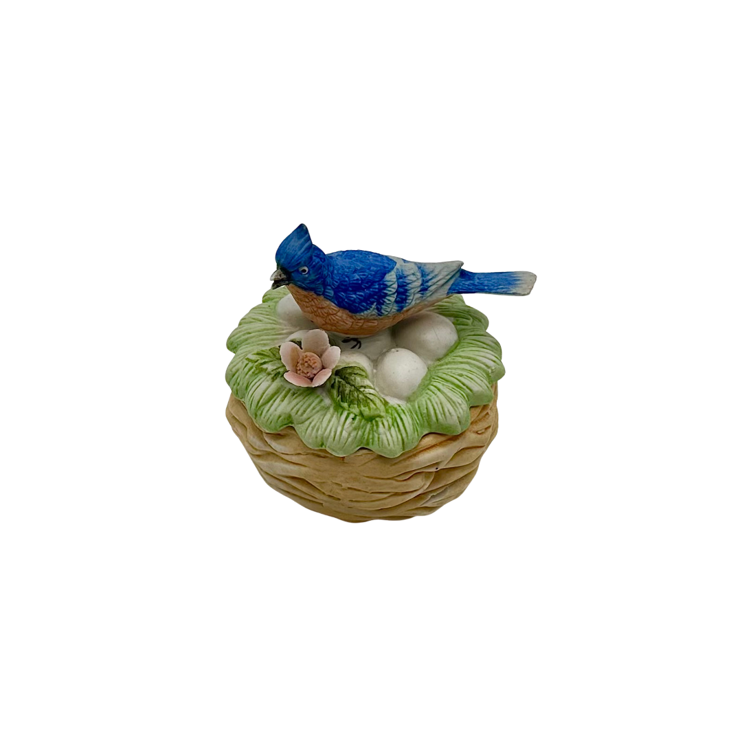 Vintage Hand-Painted Bisque Porcelain Blue Jay on Nest Trinket Box