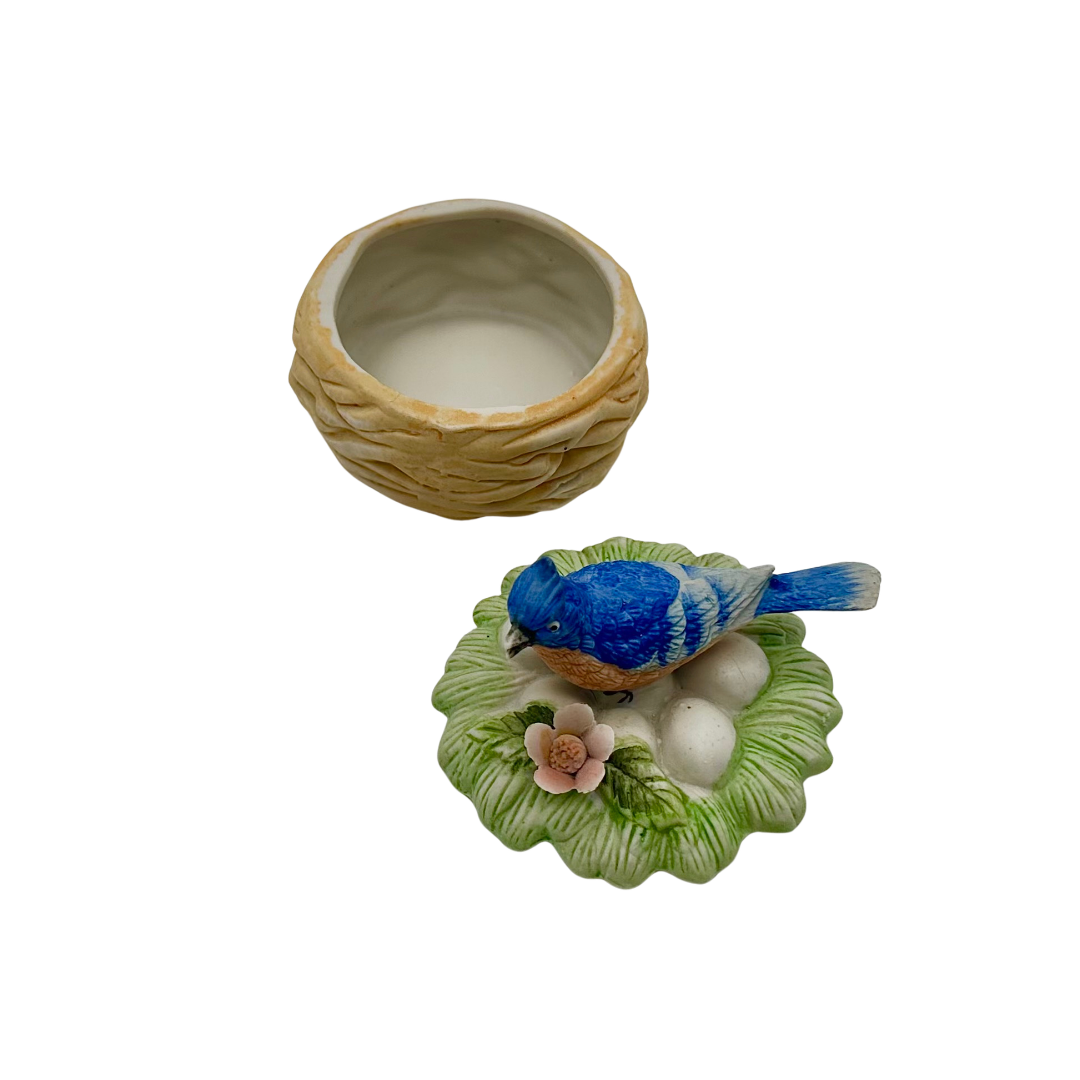 Vintage Hand-Painted Bisque Porcelain Blue Jay on Nest Trinket Box