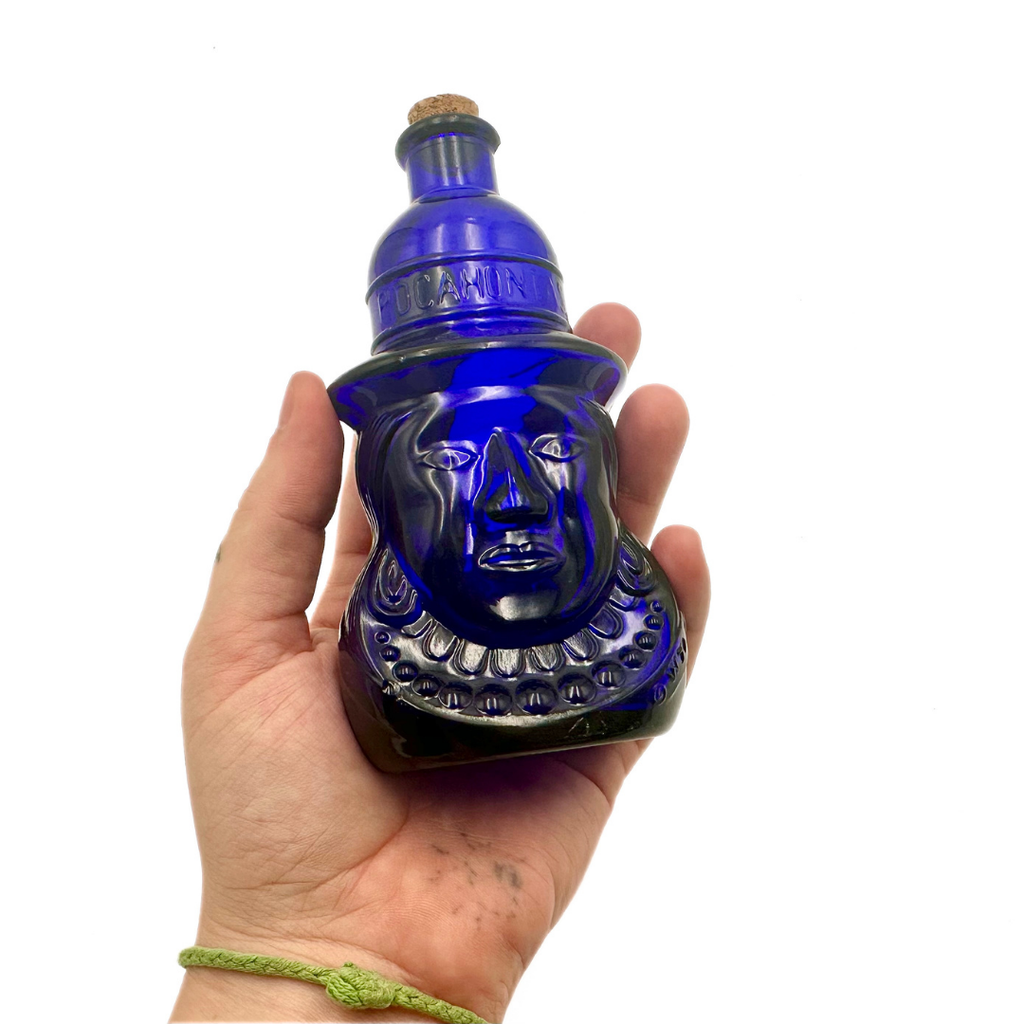 Wheaton NJ Cobalt Blue Glass Pocahontas Figural Bottle with Cork