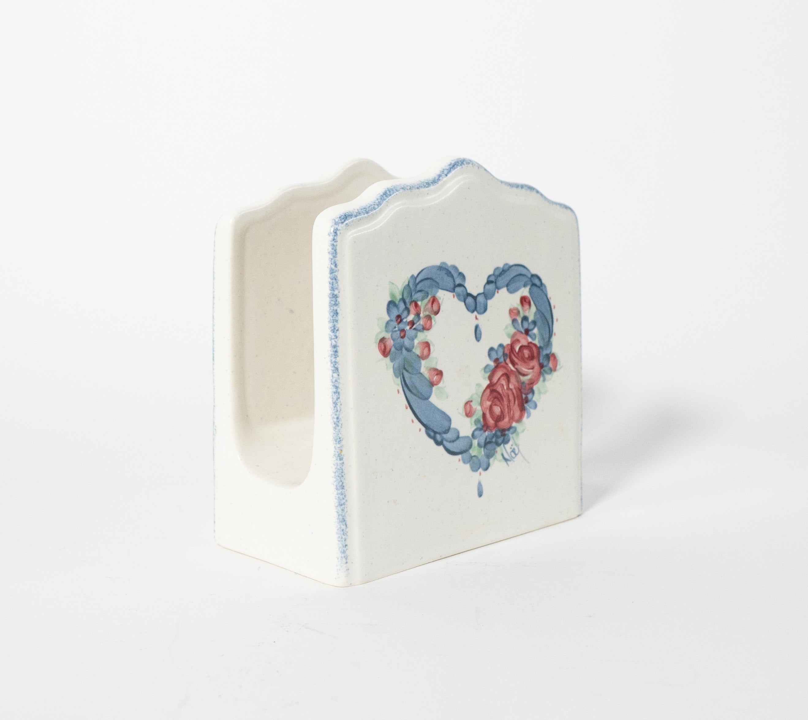 Vintage Ceramic Noël Napkin Holder Folk Art Heart Décor