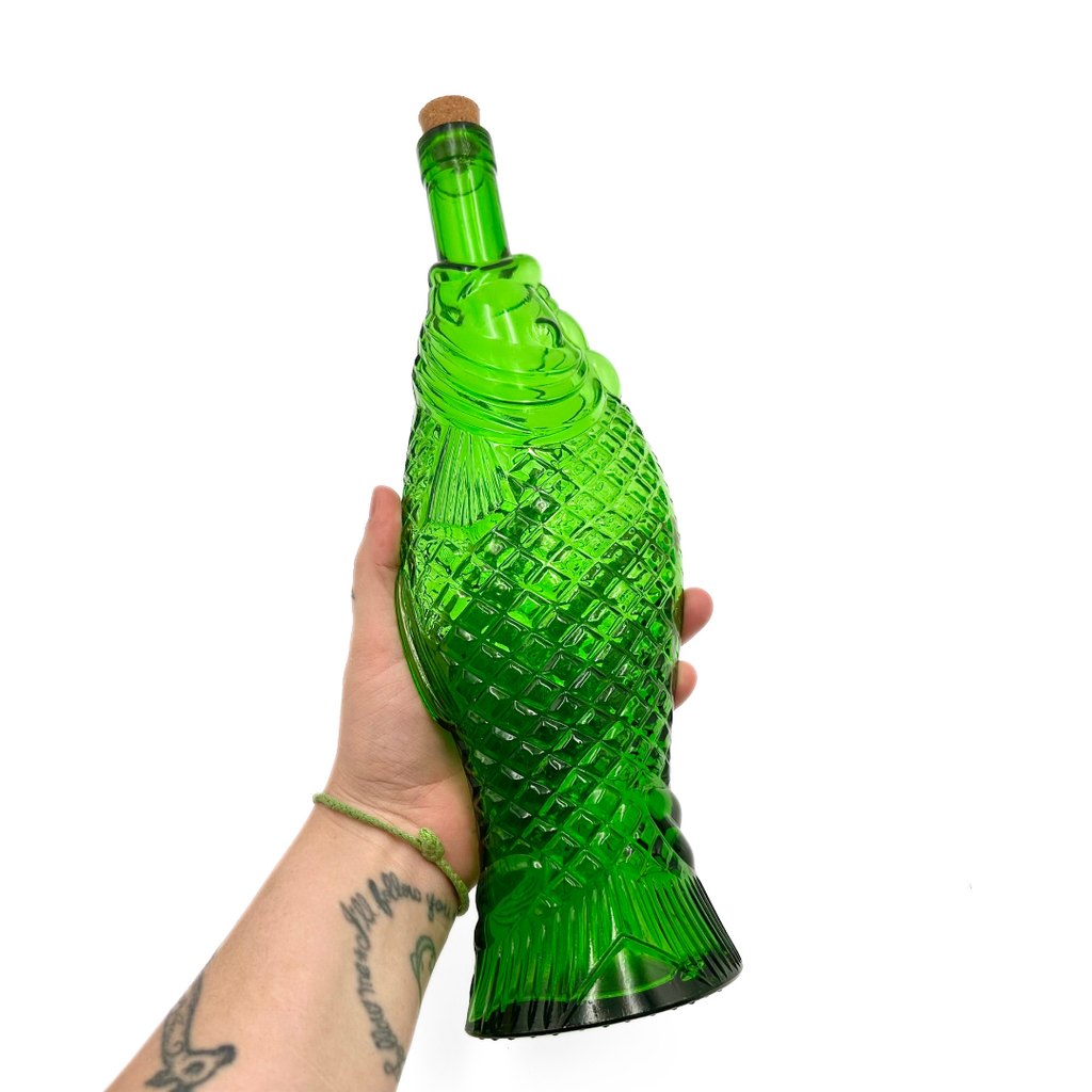 Italian Green Glass Fish Bottle, Fazi Battaglia Pesce