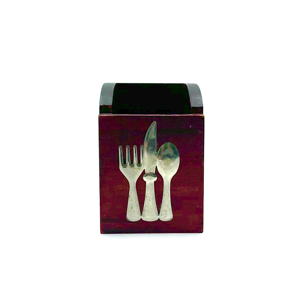 Wood Utensil Holder with Fork Knife Spoon Metal Accent