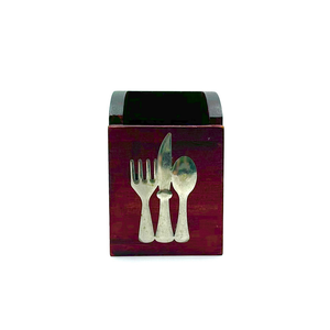 Wood Utensil Holder with Fork Knife Spoon Metal Accent