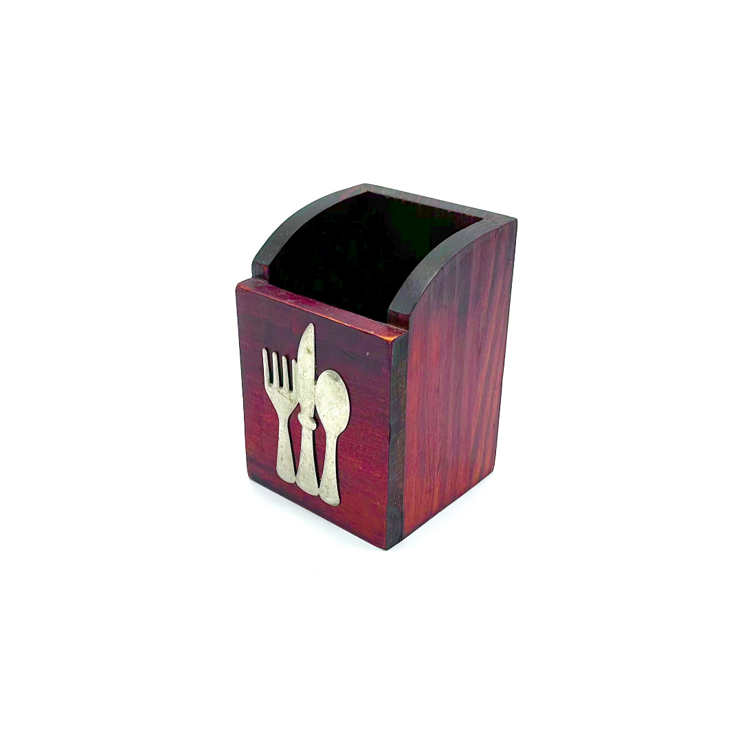 Wood Utensil Holder with Fork Knife Spoon Metal Accent