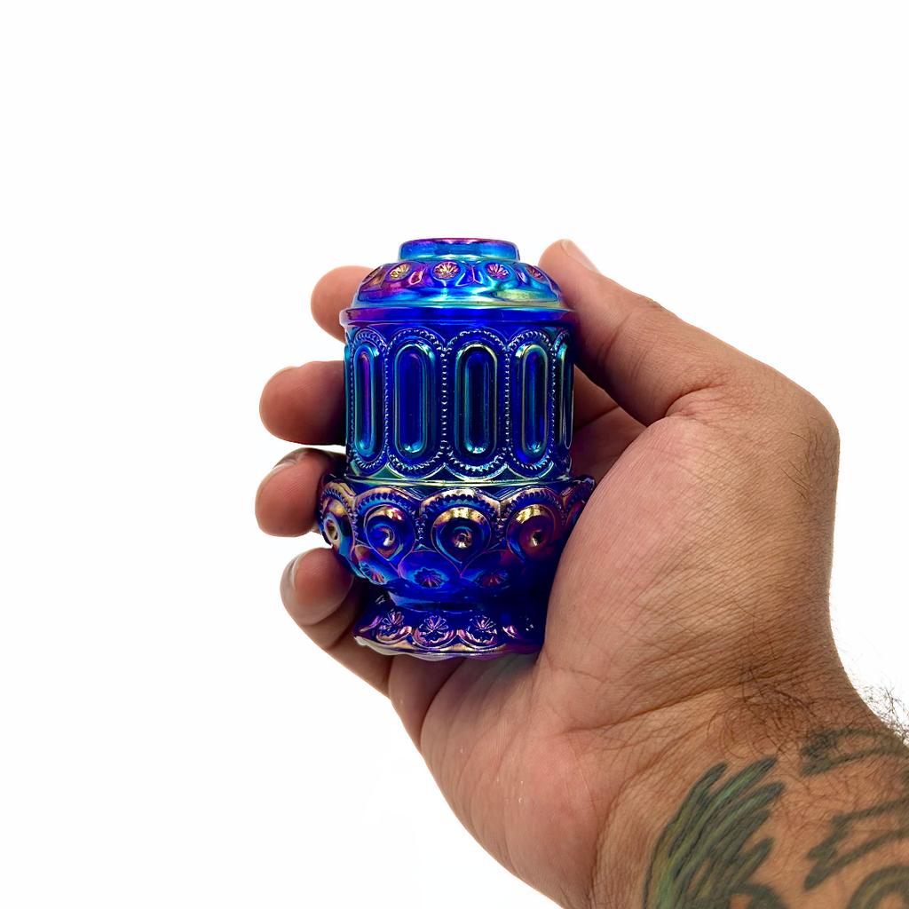 Weishar Cobalt Blue Carnival Glass Moon and Stars Mini Courting Fairy Lamp