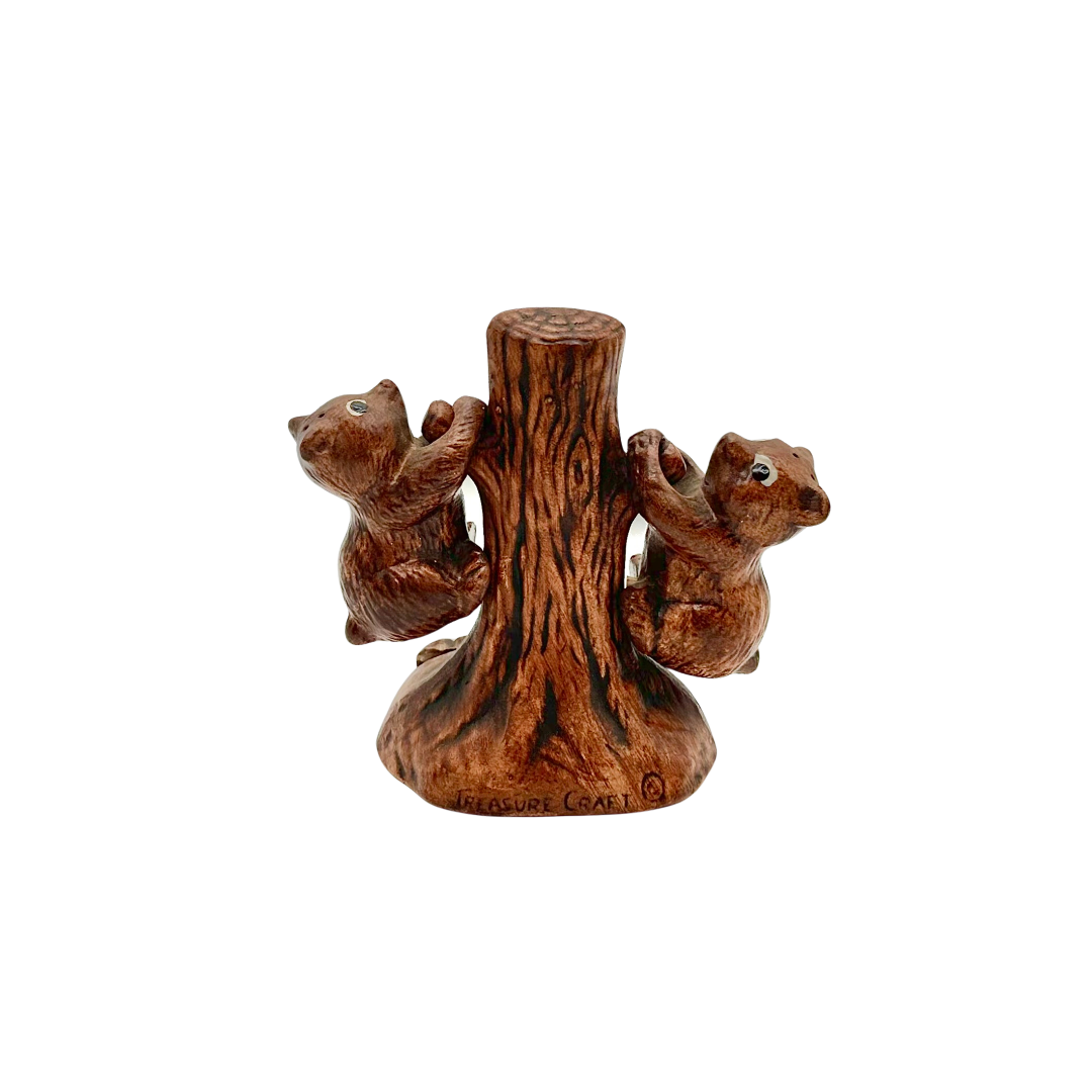 Vintage Yellowstone Park Ceramic Bear Salt & Pepper Shakers with Stand