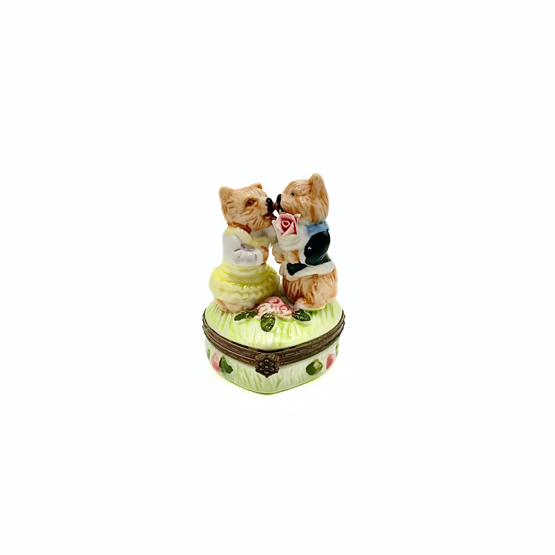 Limoges Porcelain Courting Puppies Trinket Box
