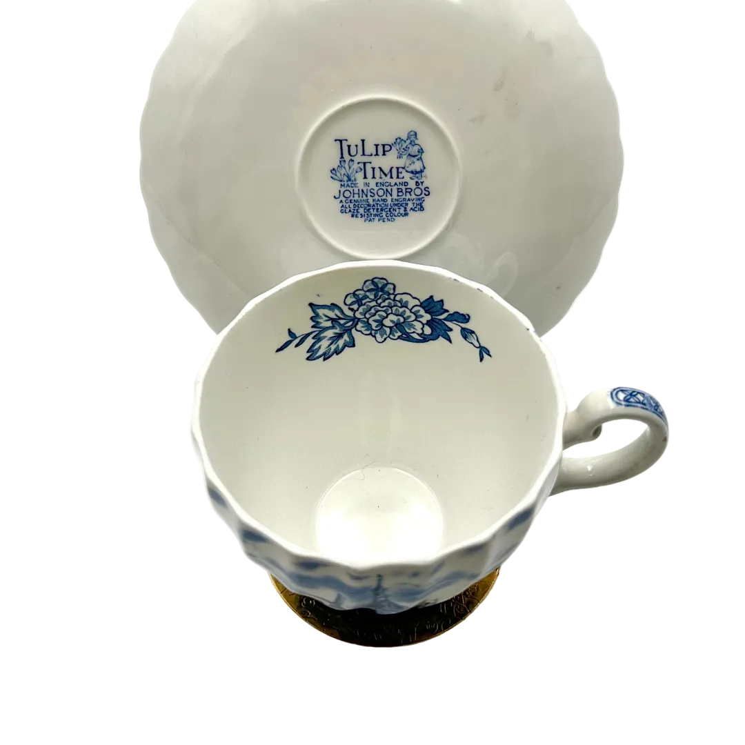 Johnson Bros "Tulip Time" Blue & White Teacup & Saucer