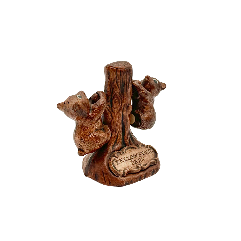 Vintage Yellowstone Park Ceramic Bear Salt & Pepper Shakers with Stand