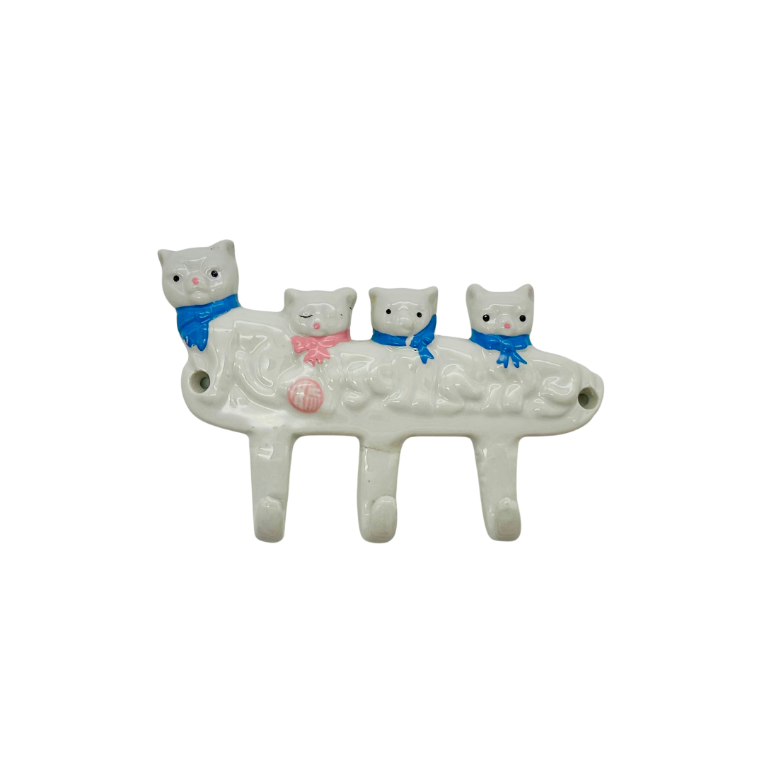Vintage Ceramic Mama Cat and Kittens Wall Hook Rack