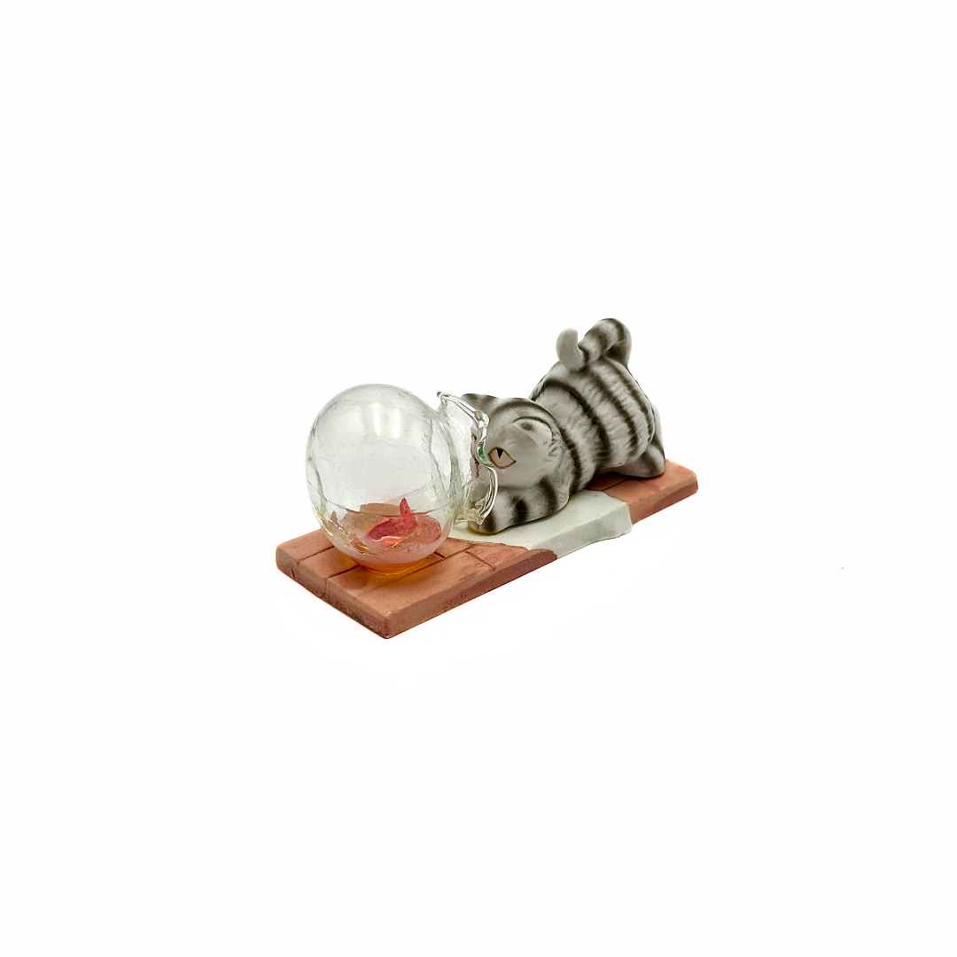 Miniature Ceramic Tabby Cat Spilled Blown Glass Fishbowl Figurine
