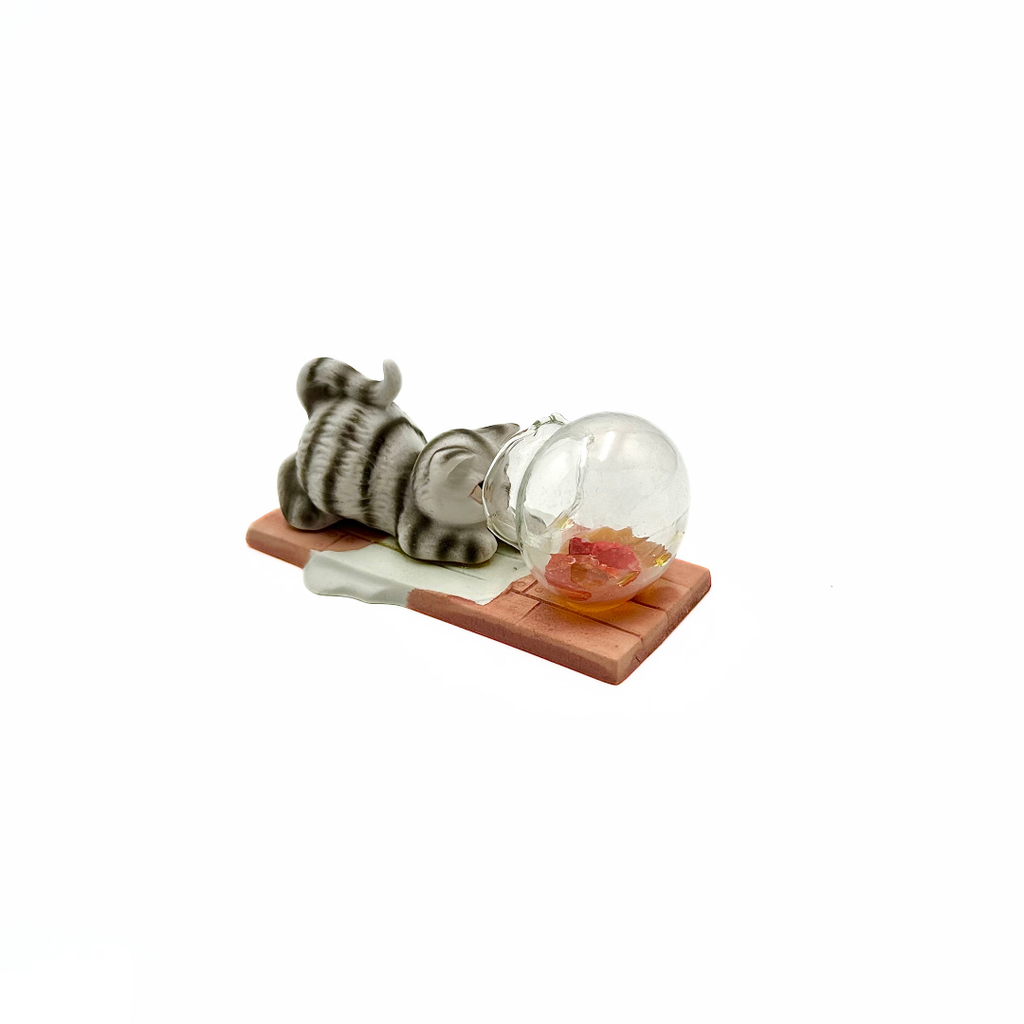 Miniature Ceramic Tabby Cat Spilled Blown Glass Fishbowl Figurine