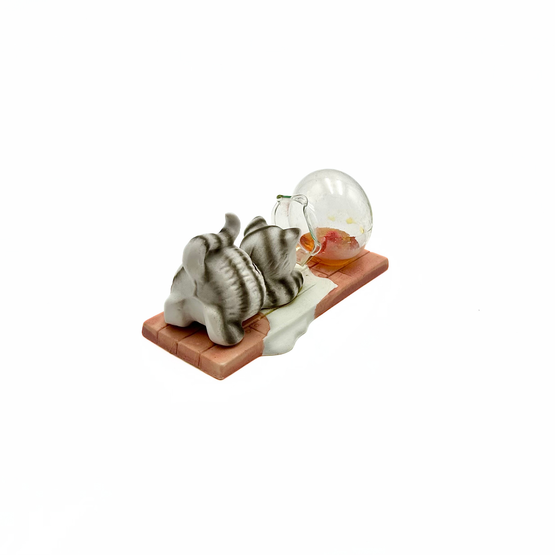 Miniature Ceramic Tabby Cat Spilled Blown Glass Fishbowl Figurine