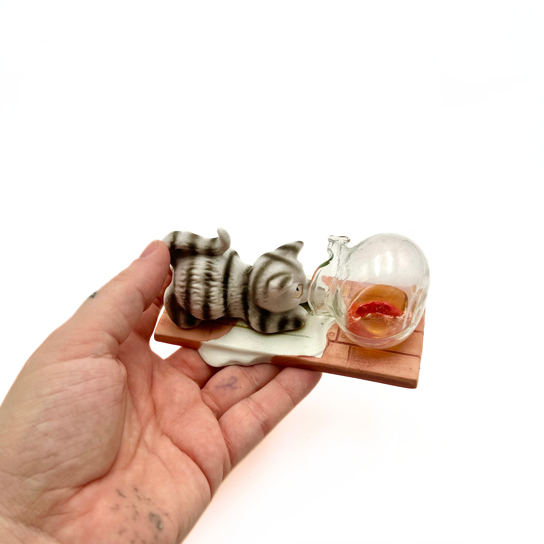 Miniature Ceramic Tabby Cat Spilled Blown Glass Fishbowl Figurine