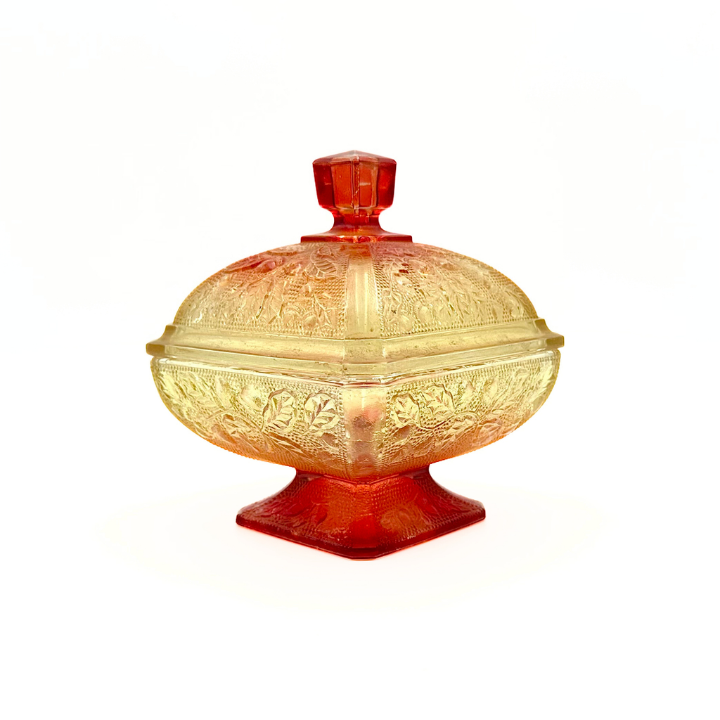 Jeannette Marigold Carnival Glass Footed Lidded Candy Dish