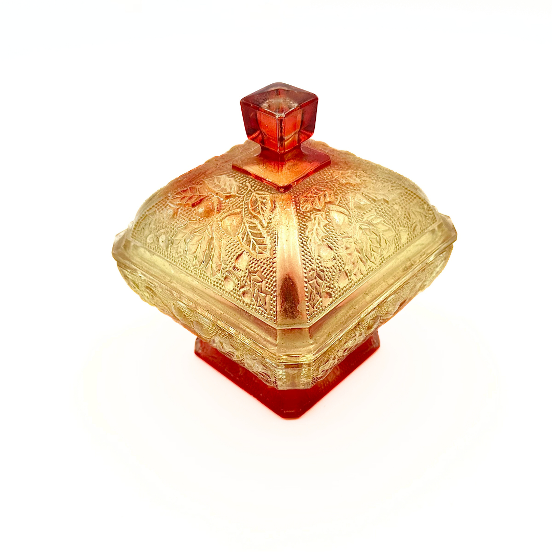 Jeannette Marigold Carnival Glass Footed Lidded Candy Dish