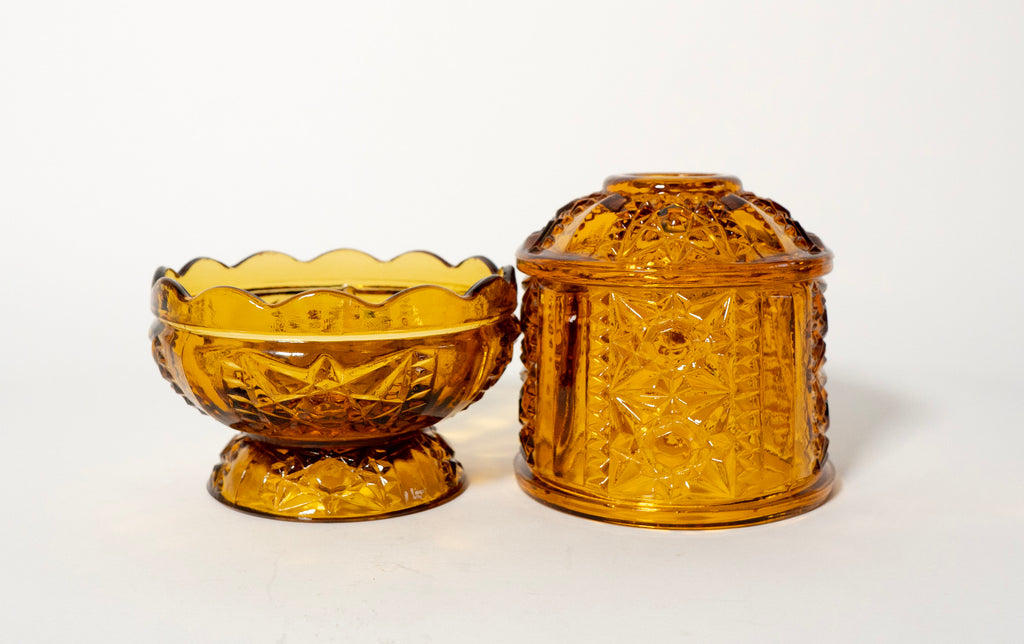 Vintage Indiana Glass Amber Fairy Lamp, Stars & Bars Pattern, 7 Inch