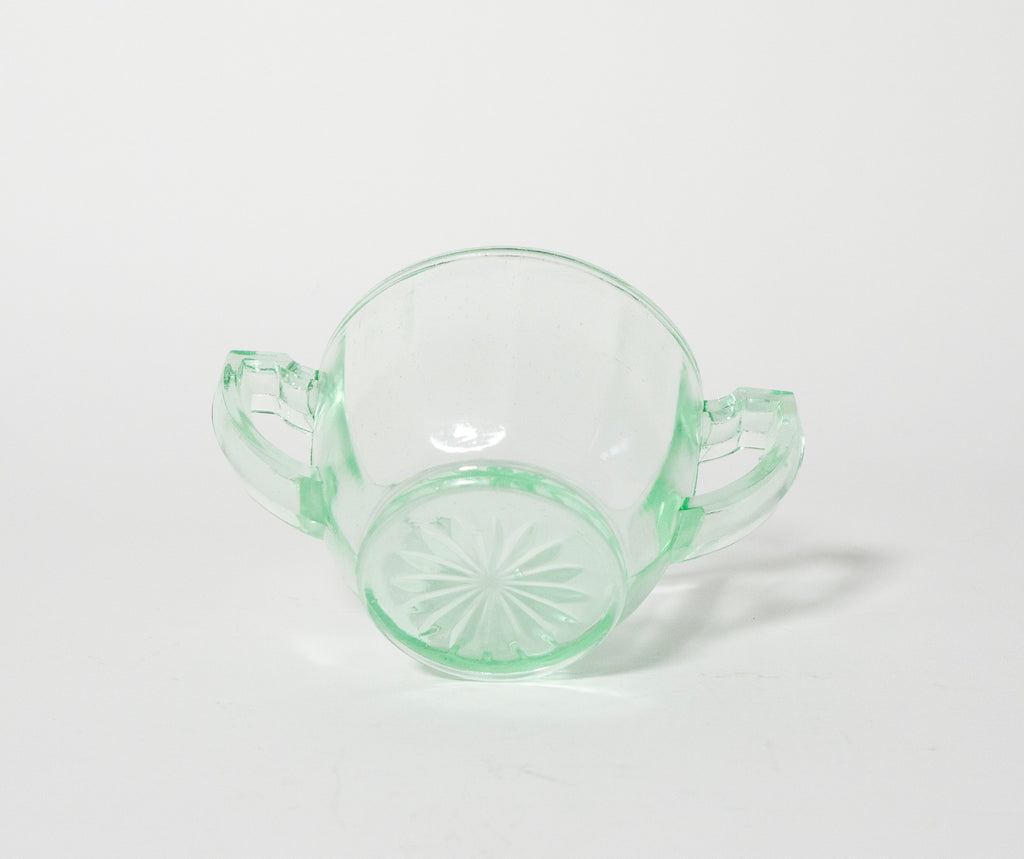 Vintage Green Pressed Glass Handled Sugar Bowl