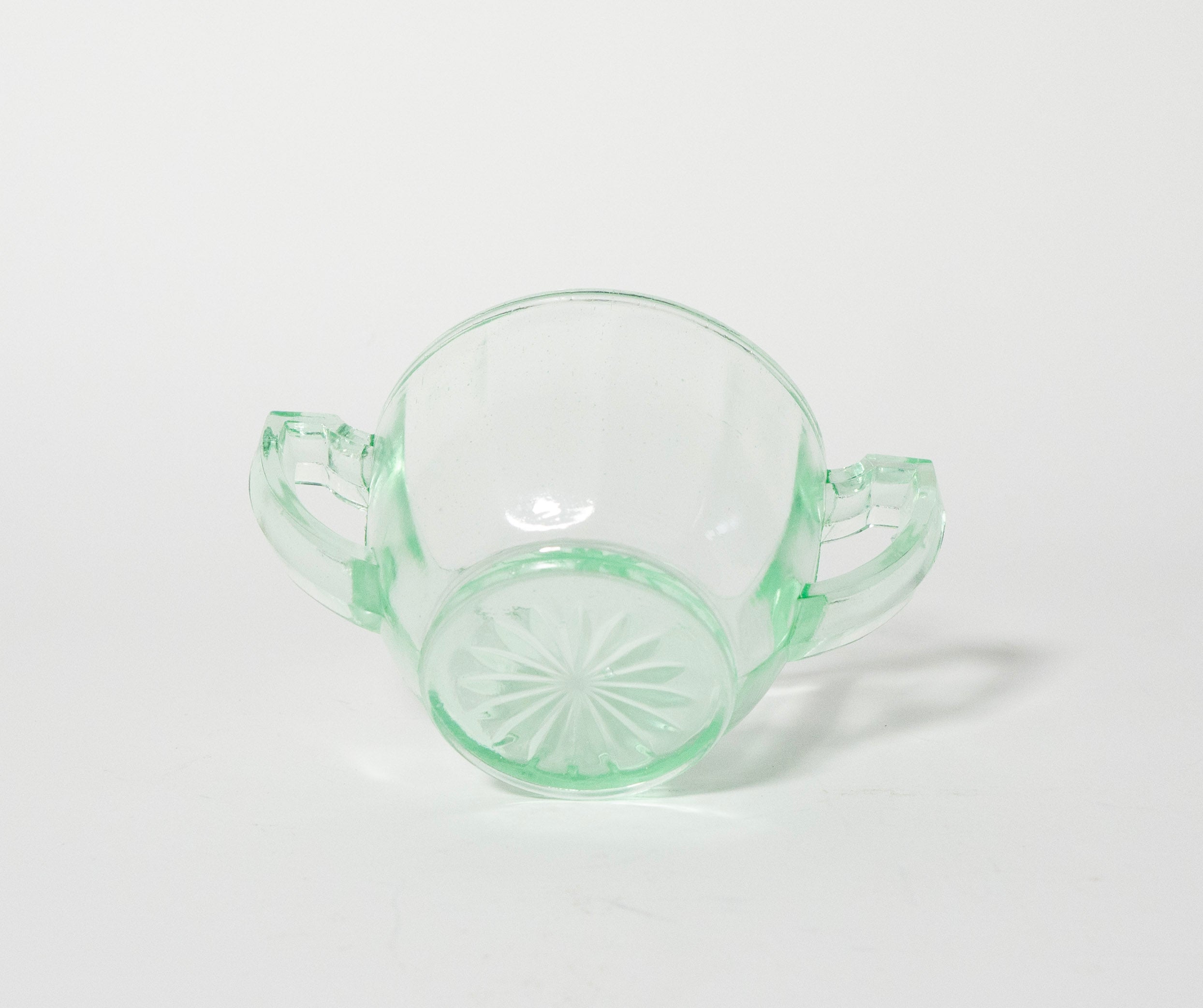 Vintage Green Pressed Glass Handled Sugar Bowl