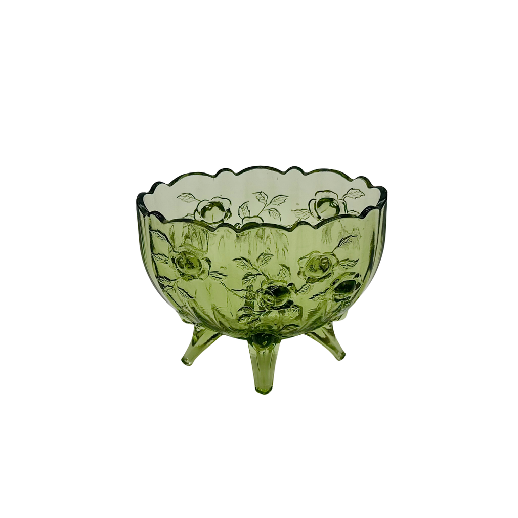 Fenton Colonial Cabbage Rose Green Glass Footed Bowl Planter