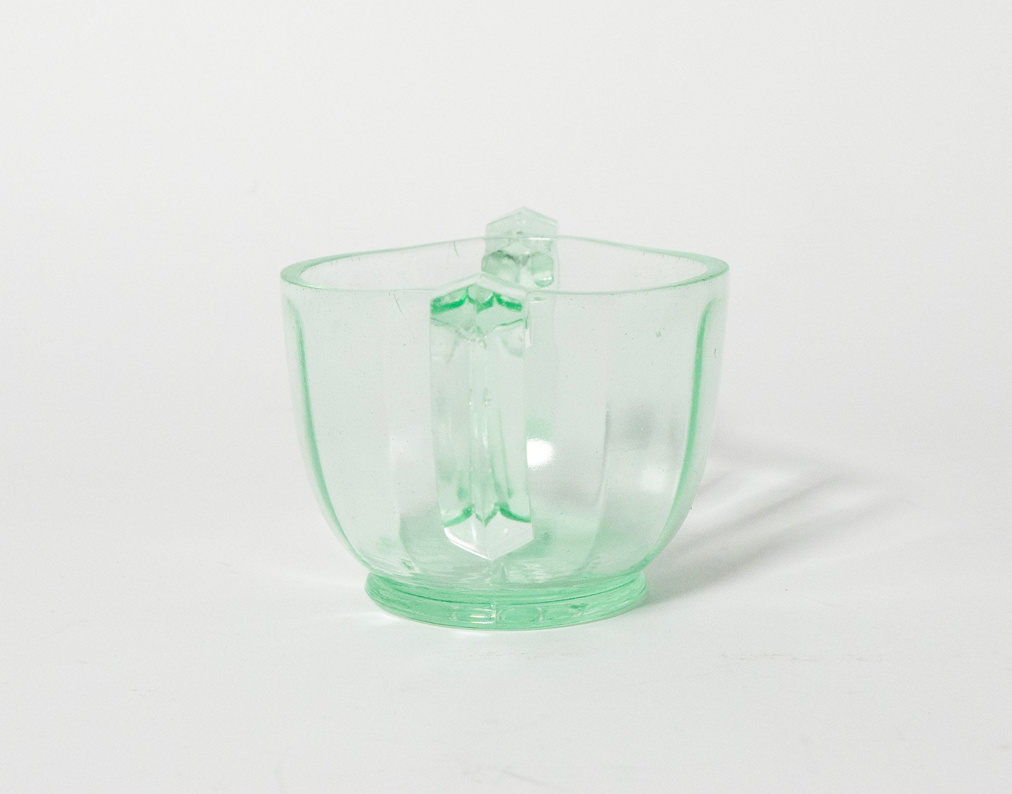 Vintage Green Pressed Glass Handled Sugar Bowl