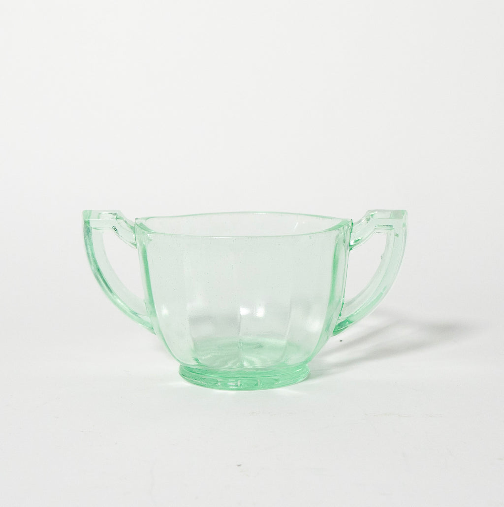 Vintage Green Pressed Glass Handled Sugar Bowl