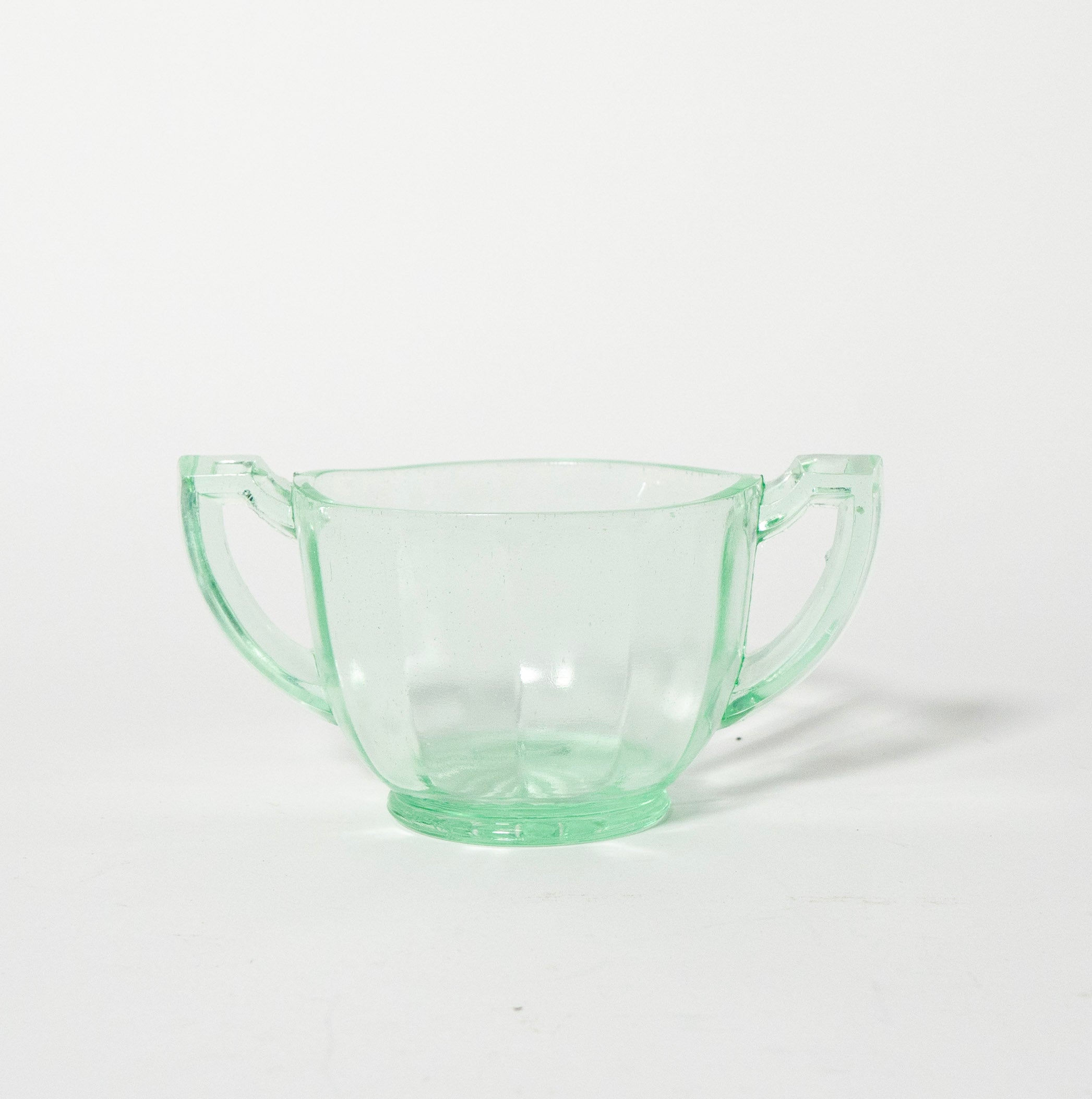 Vintage Green Pressed Glass Handled Sugar Bowl