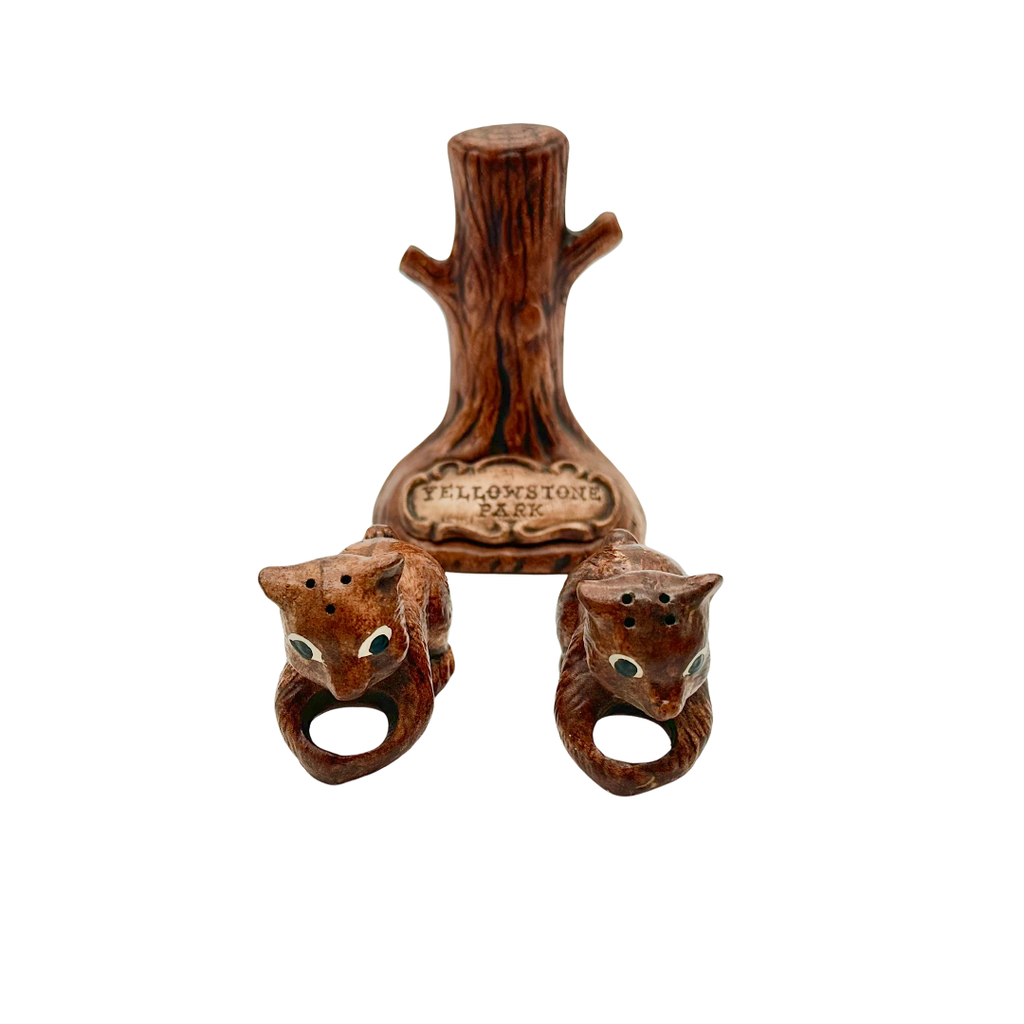 Vintage Yellowstone Park Ceramic Bear Salt & Pepper Shakers with Stand