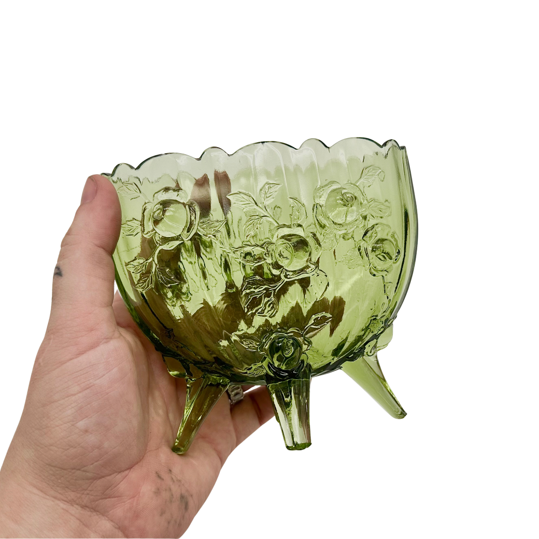 Fenton Colonial Cabbage Rose Green Glass Footed Bowl Planter