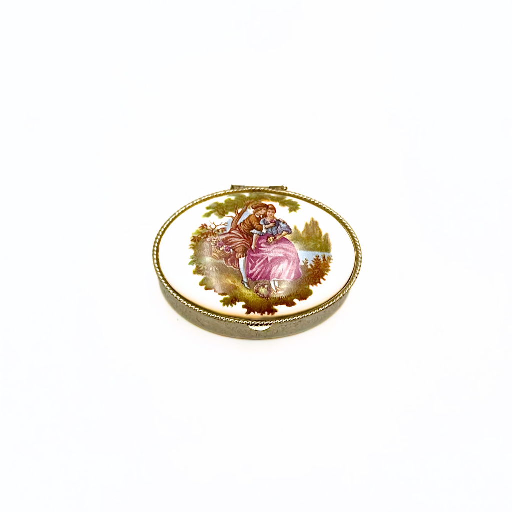 Brass Oval Pill Box Porcelain Courting Couple