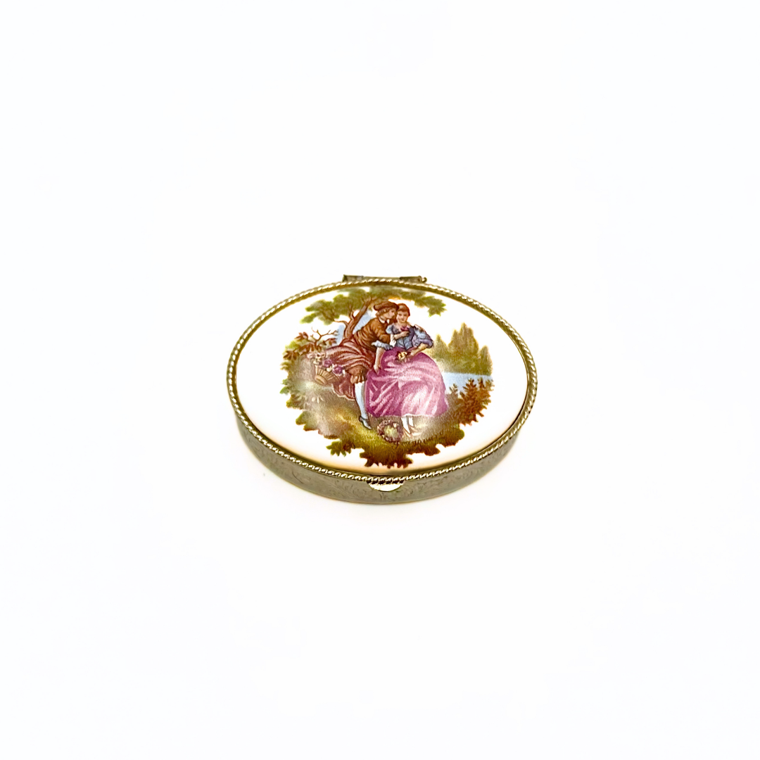 Brass Oval Pill Box Porcelain Courting Couple