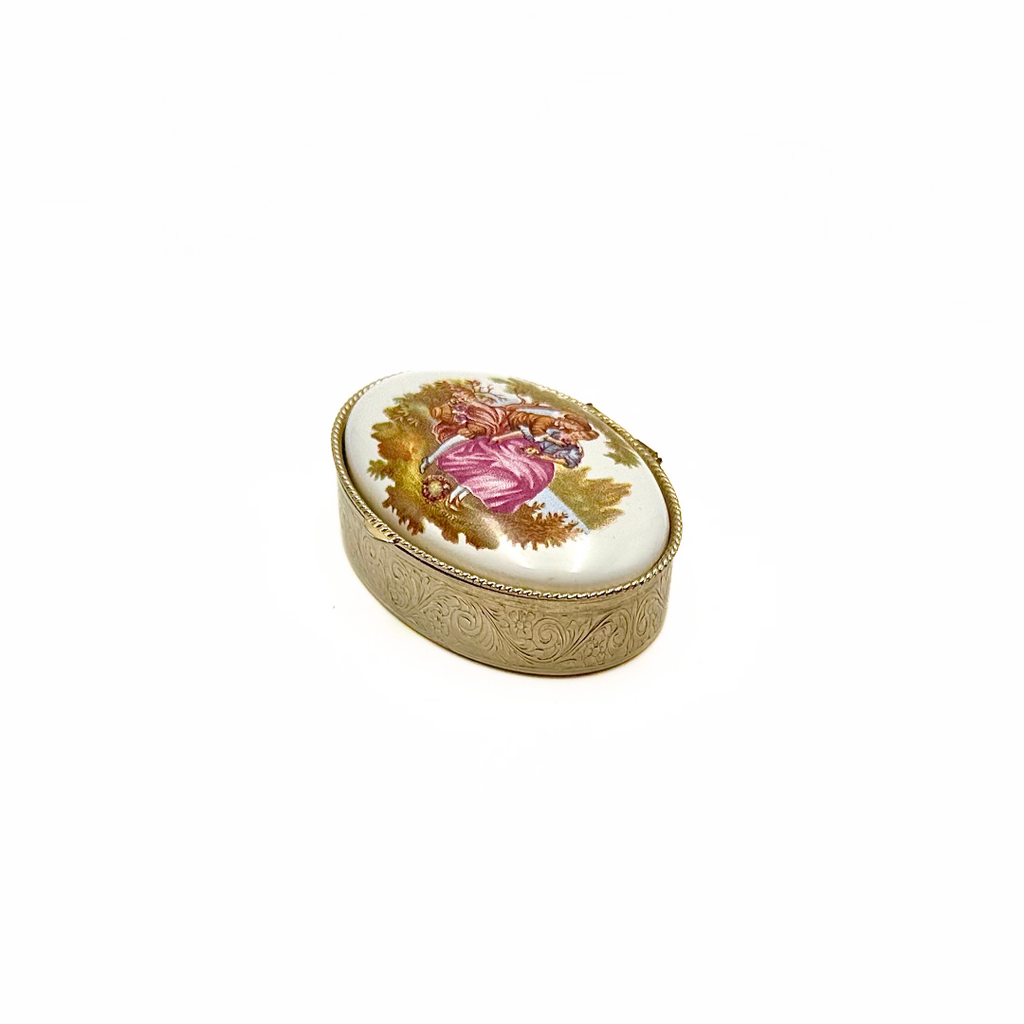 Brass Oval Pill Box Porcelain Courting Couple