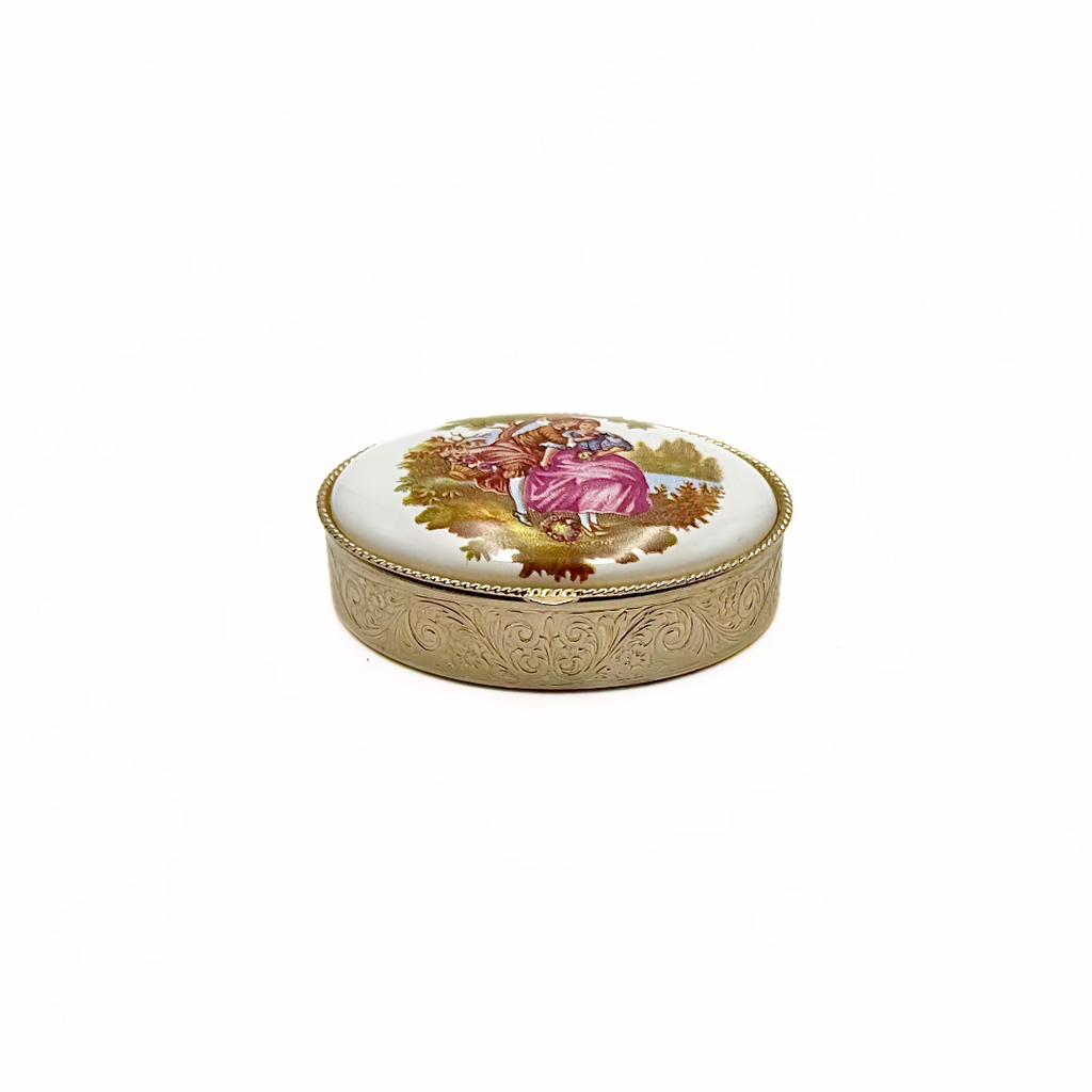 Brass Oval Pill Box Porcelain Courting Couple